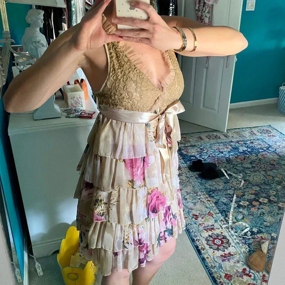 Romantic Tan Floral Ruffle Dress - Picture 12 of 12